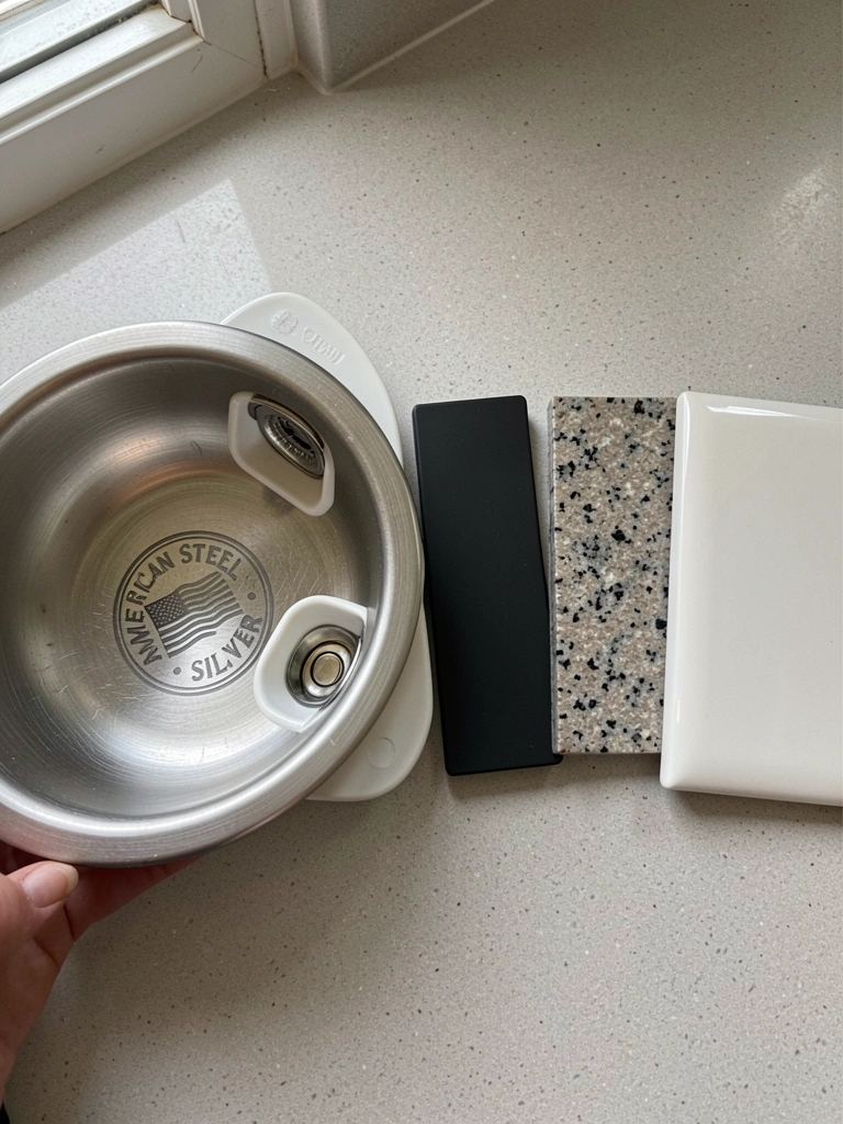Quatro amostras de cuba lado a lado: aço inox escovado, preto fosco, granito e porcelanato.