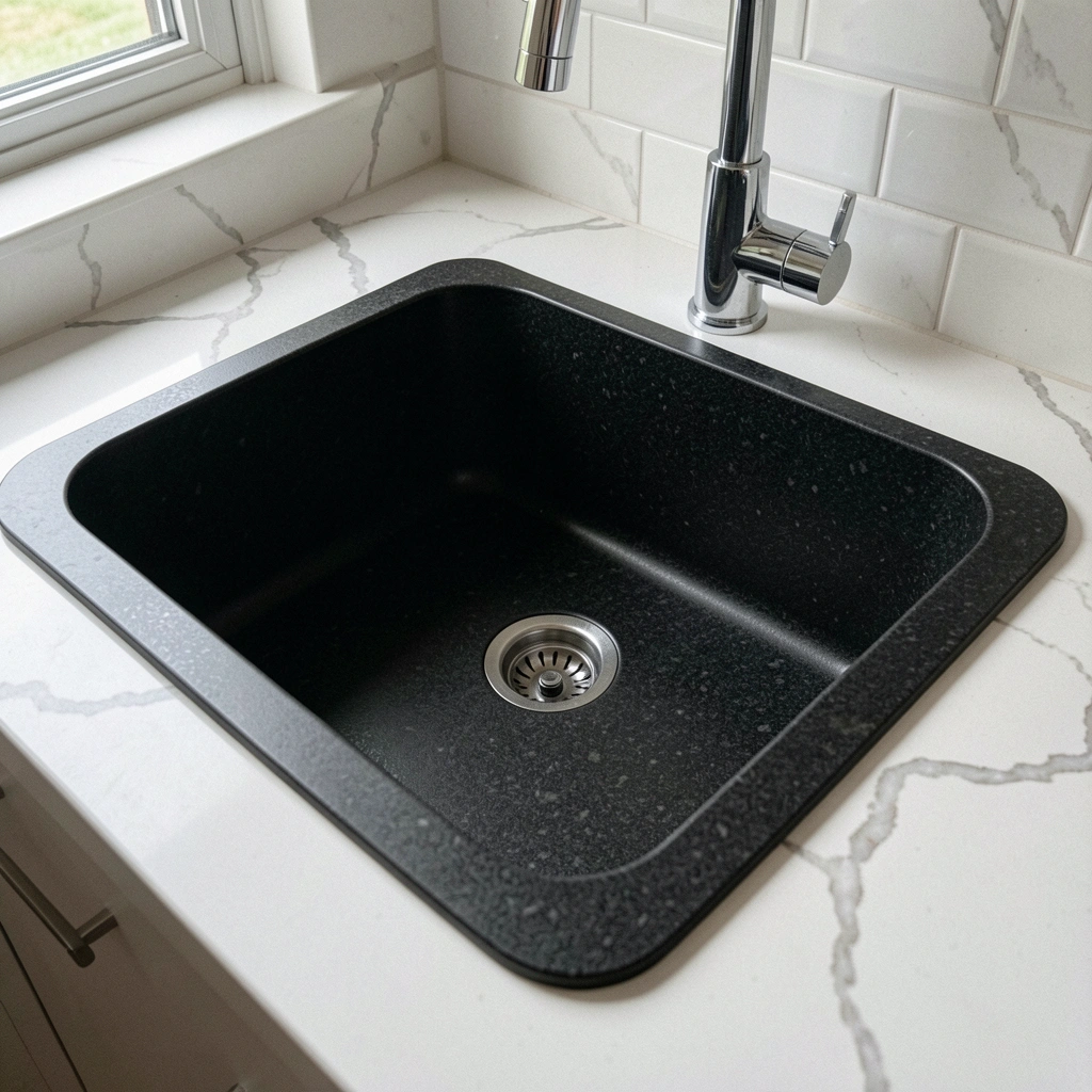 Cuba de granito preto embutida em bancada de quartzo, com torneira metálica ao fundo.
