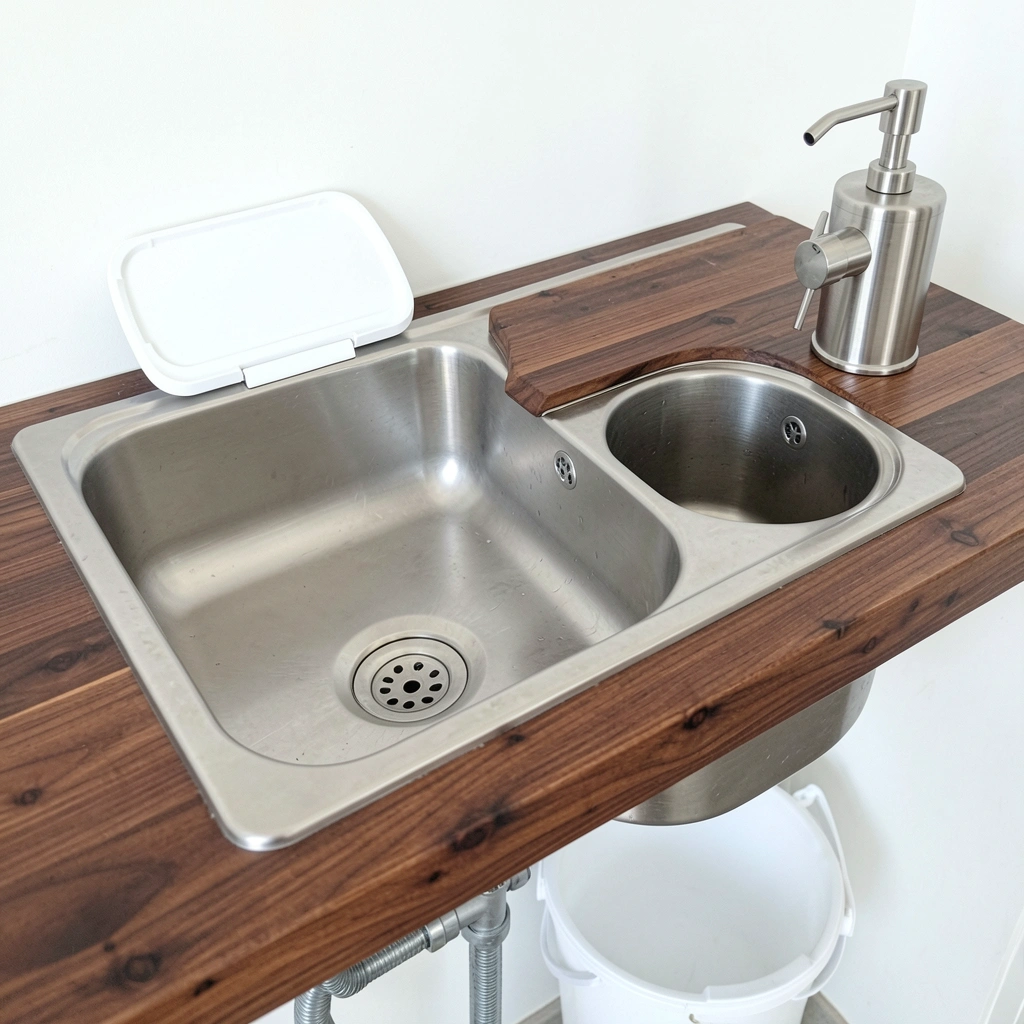 Cuba de cozinha com lixeira embutida, dosador de detergente e sifão integrado em bancada clara.