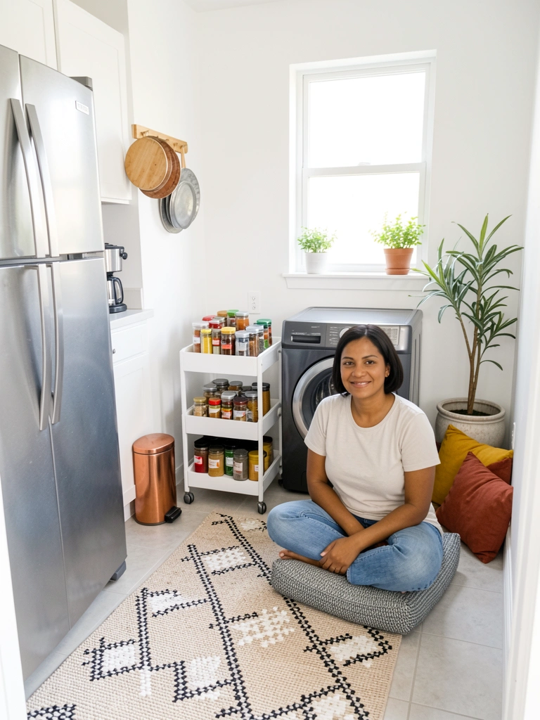 Sala com almofadas coloridas no sofá e vaso de planta no canto.