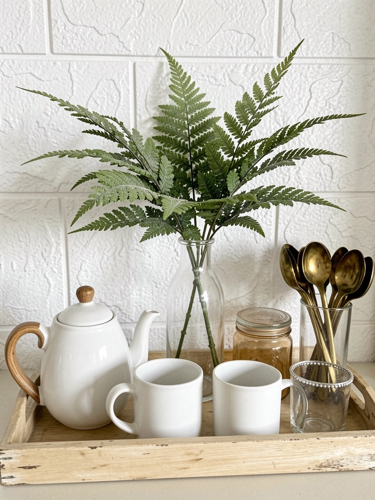 Vaso branco com samambaia artificial de folhas verdes detalhadas sobre superfície clara.
