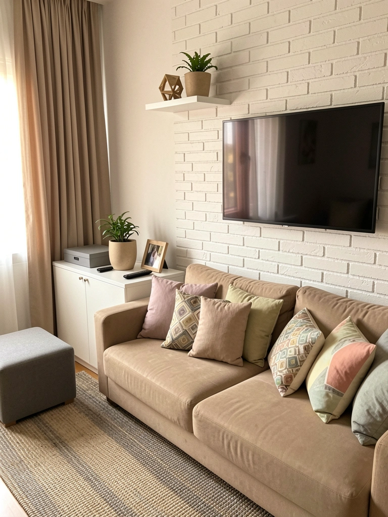 Almofadas coloridas e estampadas sobre sofá bege em sala de estar.