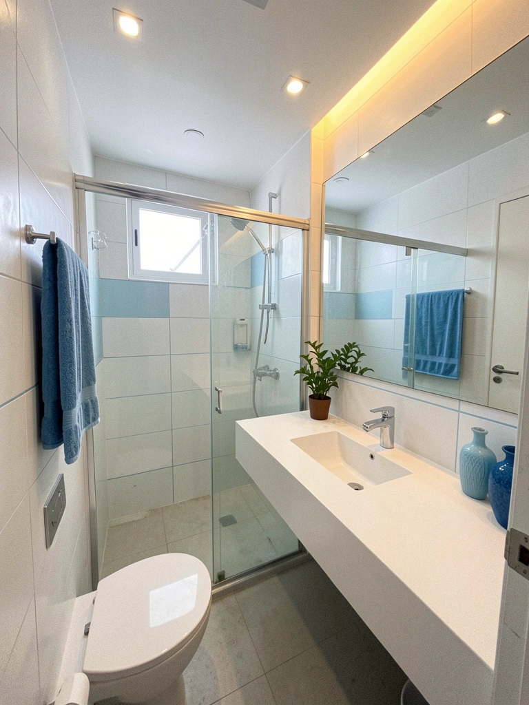 Quarto pequeno com paredes brancas, detalhes azuis e cama de solteiro com roupa de cama azul clara.