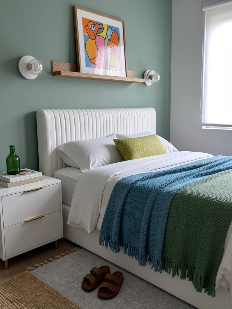 Cama arrumada com lençóis brancos, cortinas leves e uma luminária ao lado, em quarto claro.