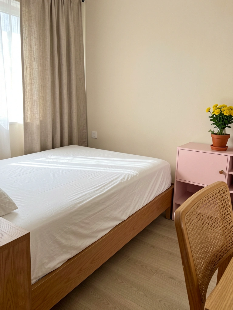 Cama com lençol de algodão branco e cortina de linho bege ao lado.