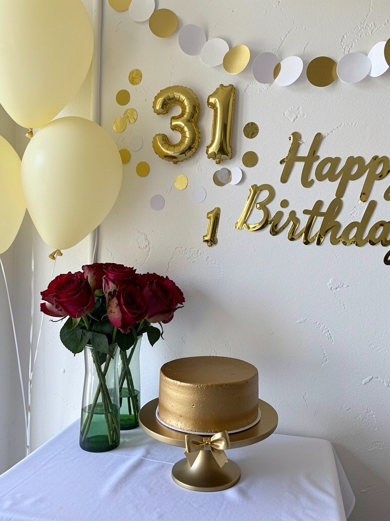 Mesa de aniversário com balões coloridos e vaso de flores sobre toalha clara.