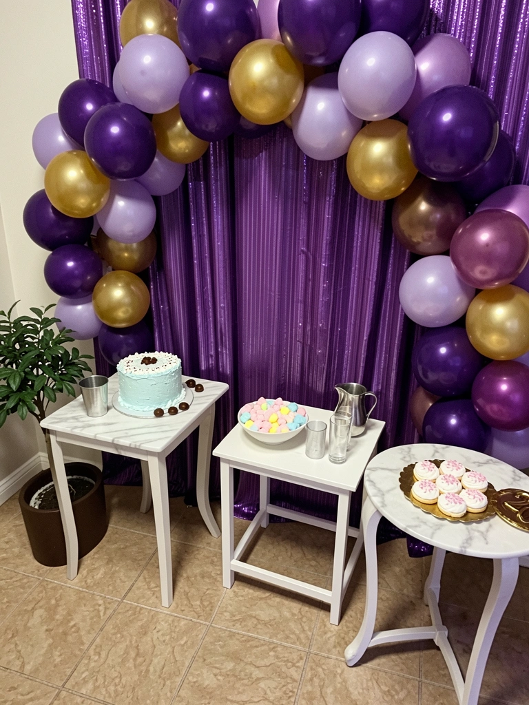 Painel de balões coloridos e mesa com itens decorativos caseiros.