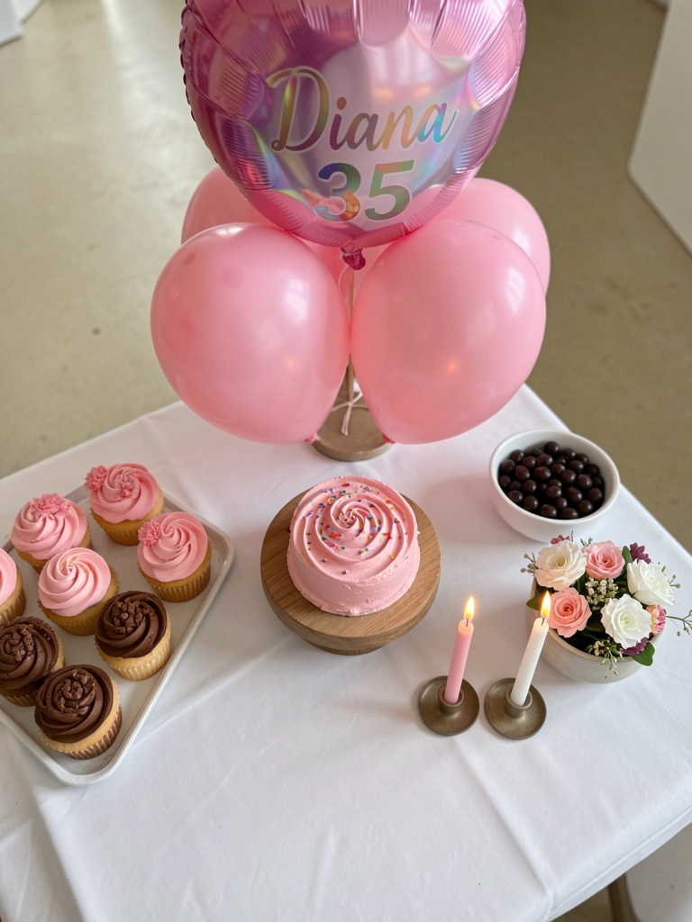 Mesa com toalha clara, bolo decorado, velas e flores em vaso.