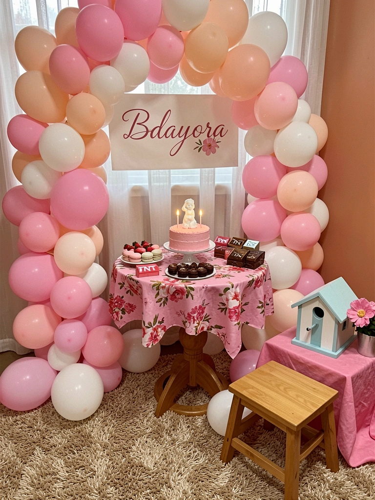 Balões coloridos, painel decorado com TNT e velas sobre uma mesa.