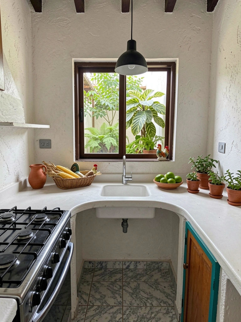 Cozinha pequena com armários brancos, bancada de madeira e prateleiras abertas com utensílios.