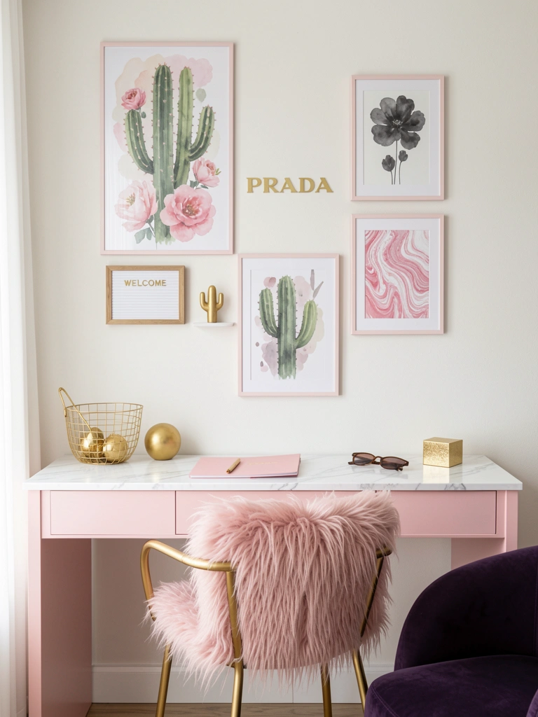 Mesa de mármore branco com caderno rosa, caneta dourada e cadeira com almofada de pelo rosa.