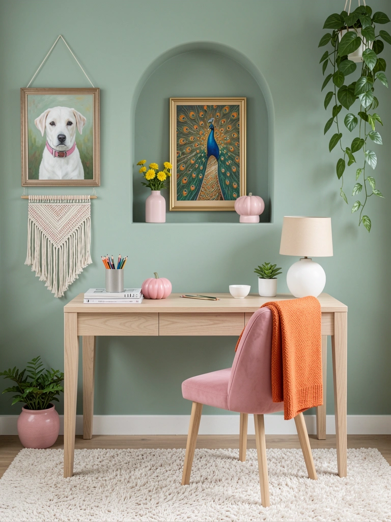 Mesa de madeira clara com cadeira estofada rosa, vaso pequeno rosa pálido e luminária branca em escritório com parede verde-azulado suave.
