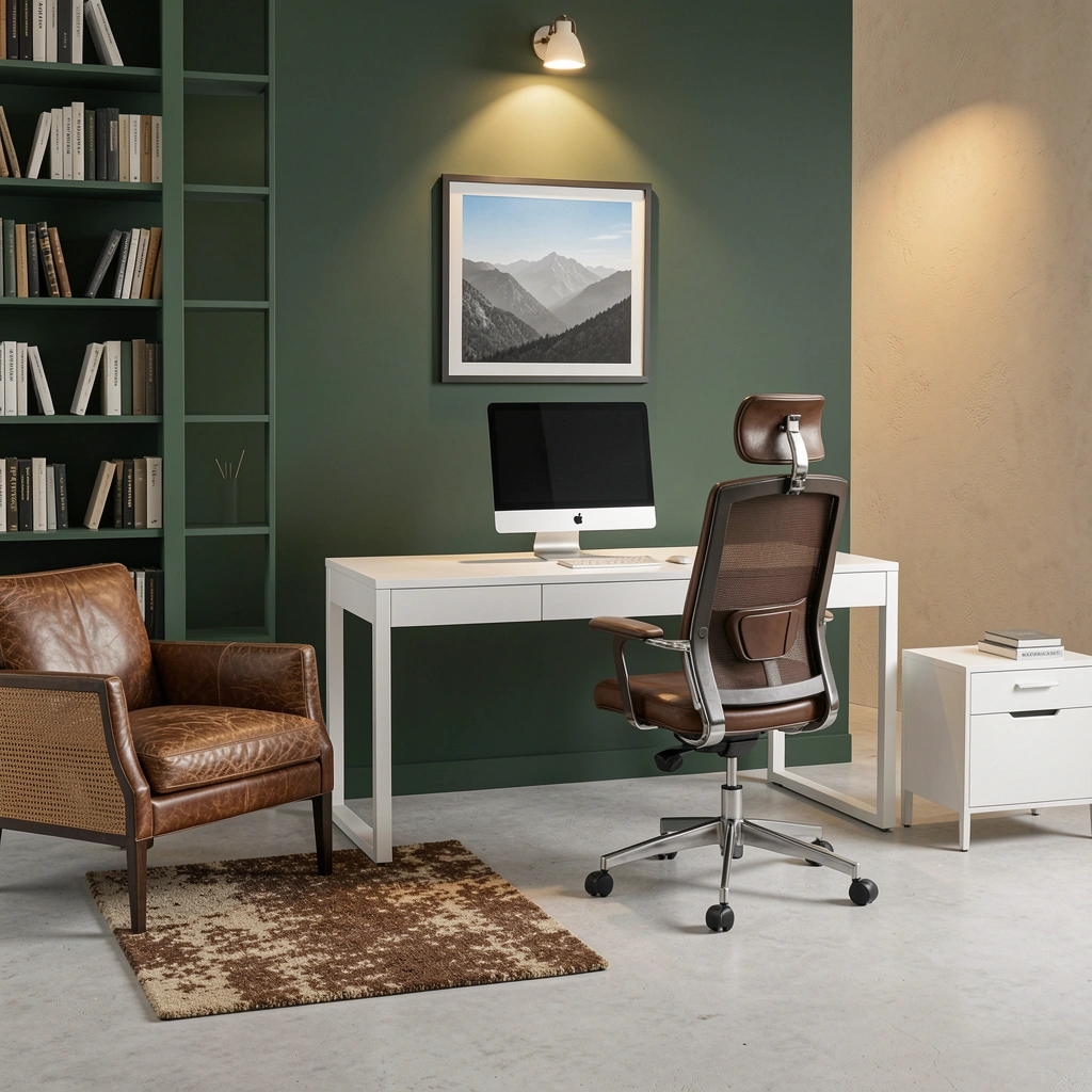Mesa branca, cadeira de escritório com encosto de mesh marrom e poltrona de couro envelhecido em escritório com parede verde escura.
