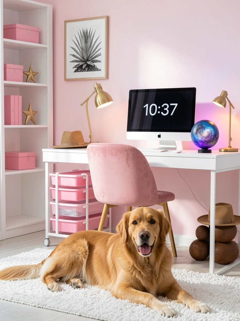 Mesa branca com cadeira rosa, cachorro golden retriever em tapete felpudo, luz natural e luminária de mesa dourada.