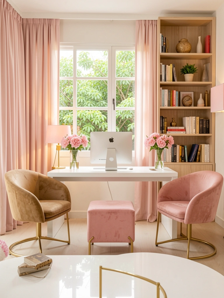 Mesa branca com iMac, poltronas aveludadas rosa e bege, estante de madeira clara e luminária rosa.