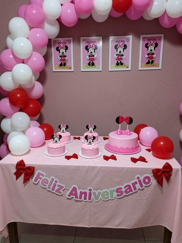 Balões vermelhos e laços de cetim em mesa decorada para festa infantil.
