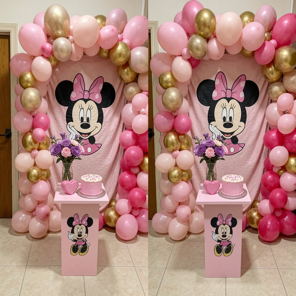 Mesa de festa decorada com tema Minnie, toalha vermelha de bolinhas brancas, pratos e copos descartáveis, centro de mesa com balões e boneco da Minnie.