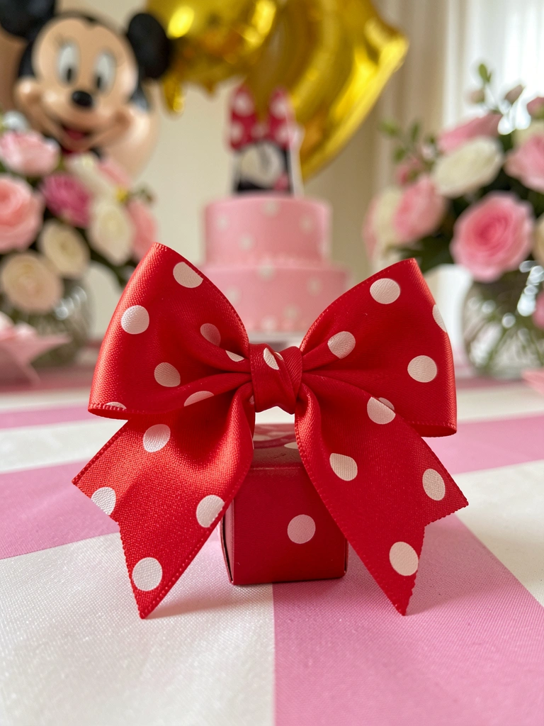 Laço vermelho com bolinhas brancas sobre superfície decorada.