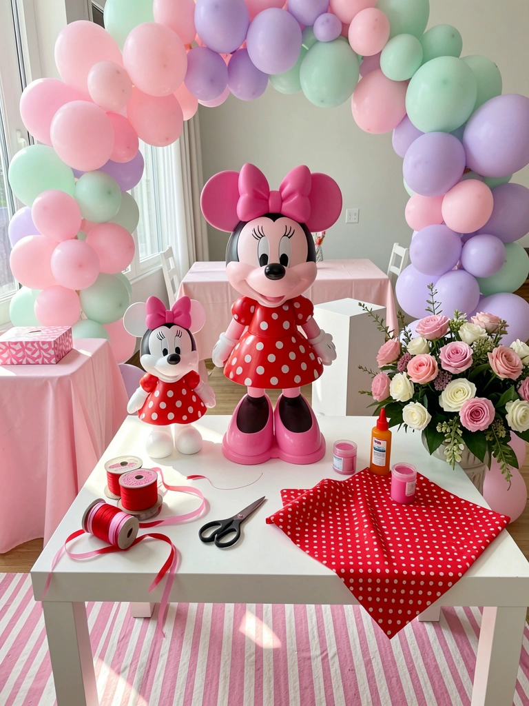 Materiais de artesanato sobre mesa: feltro vermelho, tesoura, cola, fitas e miçangas para decoração Minnie.