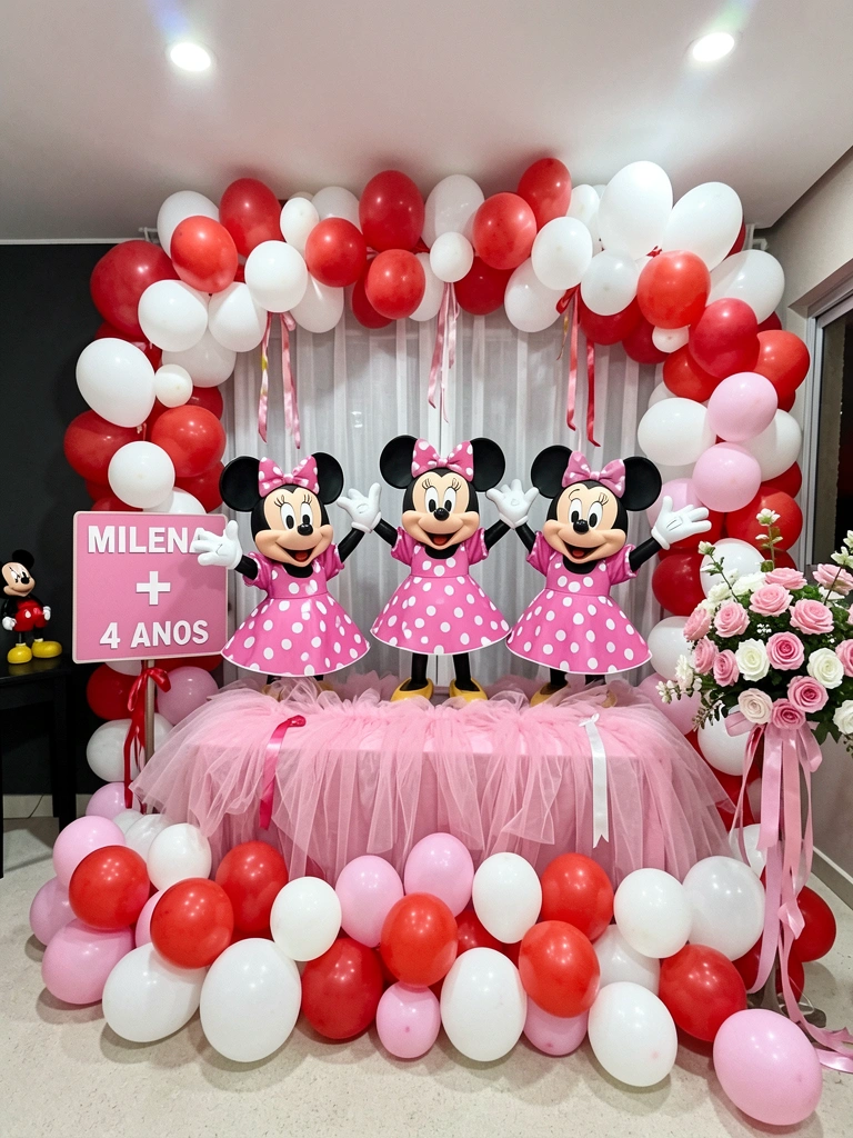 Balões vermelhos e brancos com laços de cetim formando um arranjo decorativo.