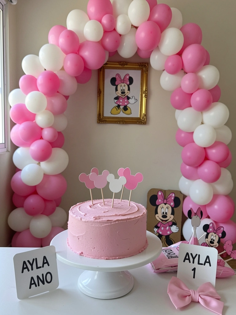 Toppers de bolo da Minnie em EVA sobre mesa, com lembrancinhas ao lado.