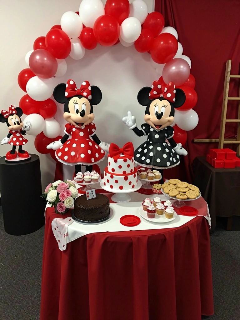 Mesa decorada com toalha vermelha de bolinhas brancas, pratos, copos e guardanapos temáticos da Minnie, centro de mesa com laço vermelho e balões.