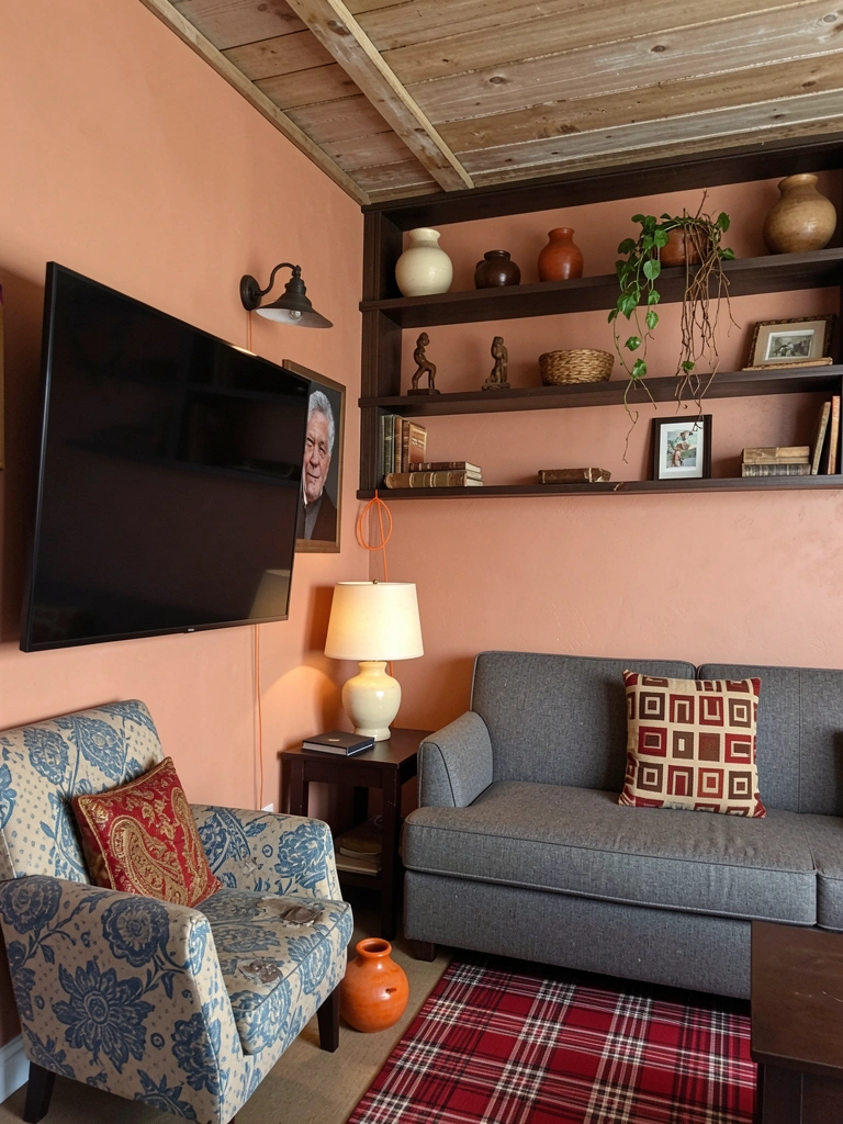 Sala de estar com parede decorada por <a href=