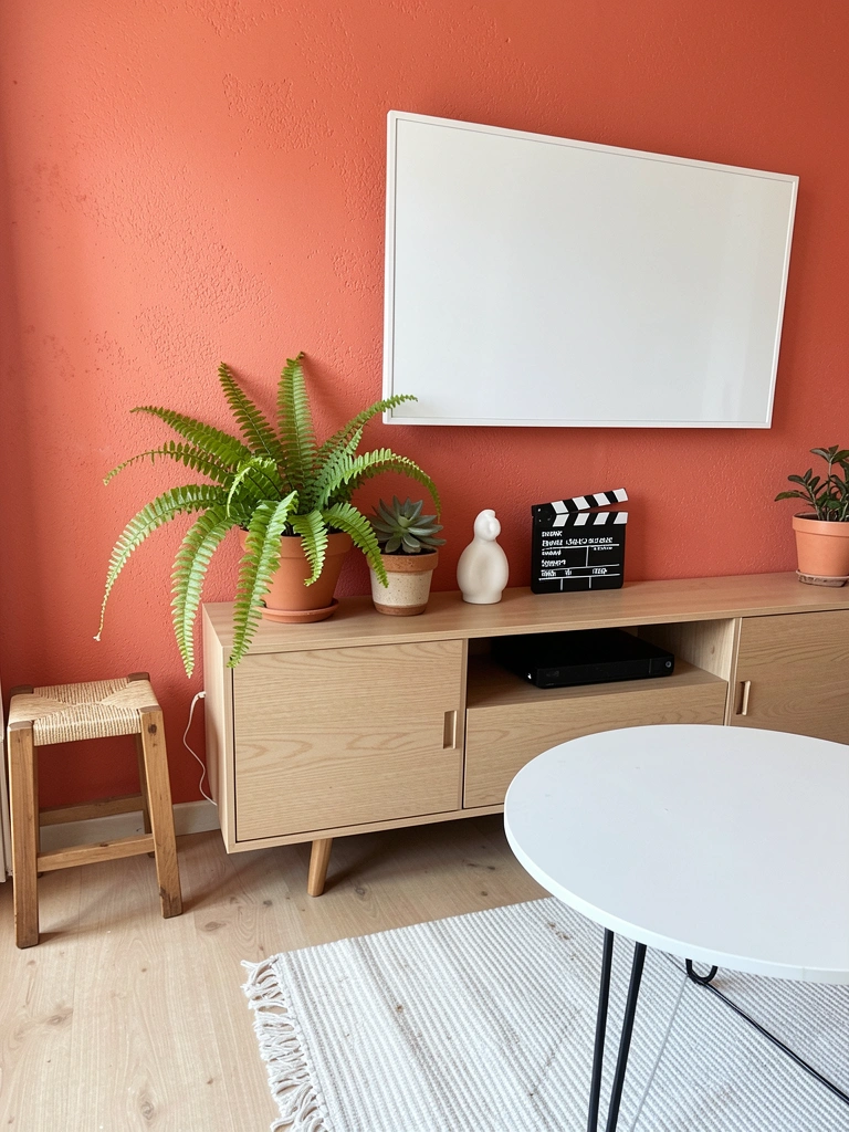 Sala com parede em tom vibrante de laranja, sofá claro e mesa de centro de madeira.