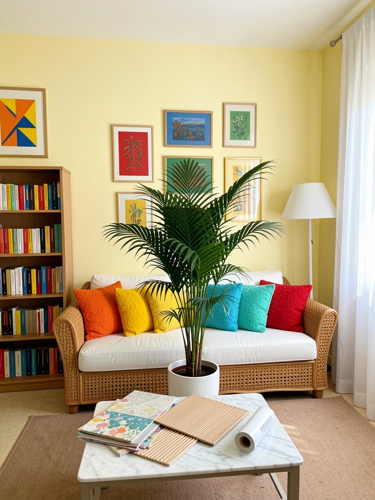 Amostras de papel de parede, painel ripado e adesivo sobre uma mesa de madeira.