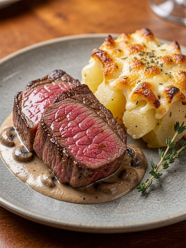 Dois cortes de Denver steak em molho cremoso de cogumelos e gratin de queijo e batata em prato de cerâmica cinza, ramo de tomilho ao lado, fundo de mesa de madeira desfocado.