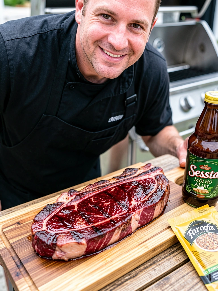 Homem sorrindo com avental preto ao lado de bife grelhado em tábua de madeira, molho e tempero visíveis, luz natural destacando texturas.