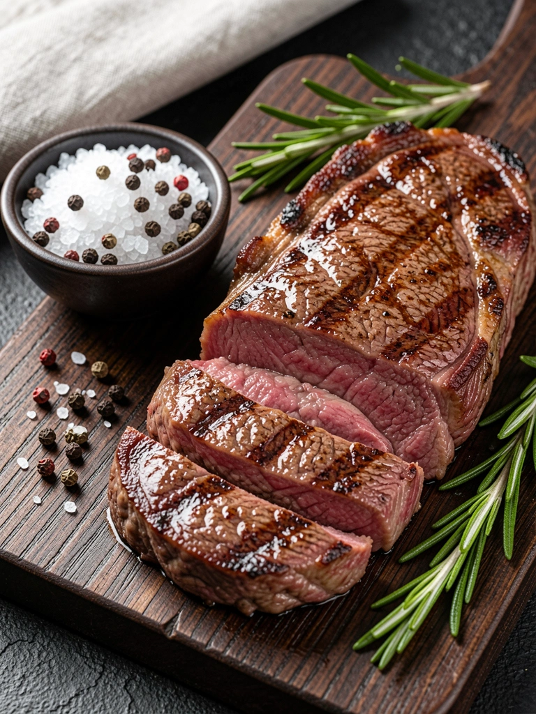 Bife ribeye grelhado com marcas de grelha, tábua de madeira escura, tigela com sal e pimenta, ramo de alecrim, fundo texturizado escuro.