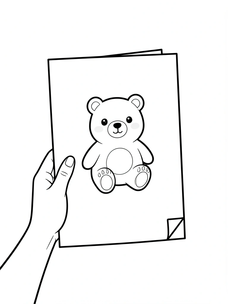 Mão segurando folha A4 com desenho de urso kawaii