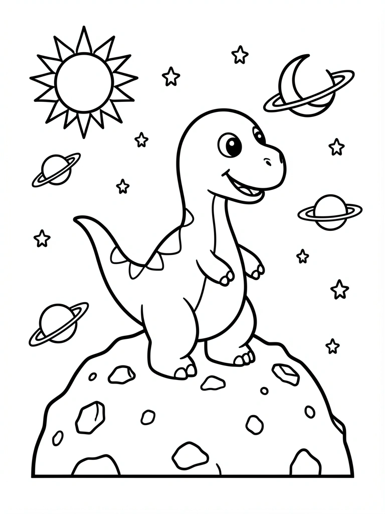 Desenho de dinossauro ao lado de planetas do sistema solar em estilo infantil.