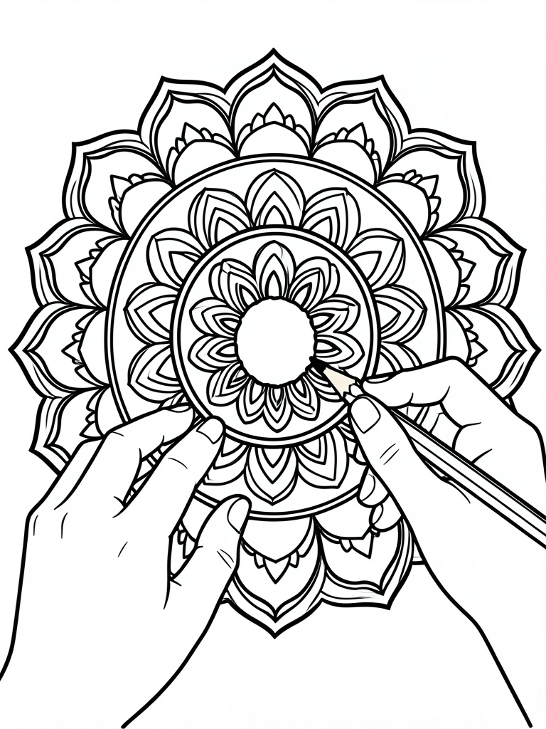 Close de mãos colorindo uma mandala com lápis de cor sobre uma mesa.