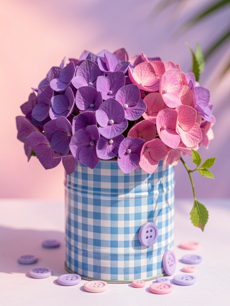 Lata de estanho com estampa xadrez azul e branco cheia de hortênsias roxas e rosadas, botões pastel espalhados e folhas verdes, fundo gradiente rosa e roxo com luz natural.