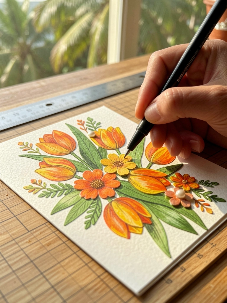 Cartão artesanal com tulipas laranja e amarelas detalhadas a caneta preta sobre tapete de corte de madeira, luz natural difusa.