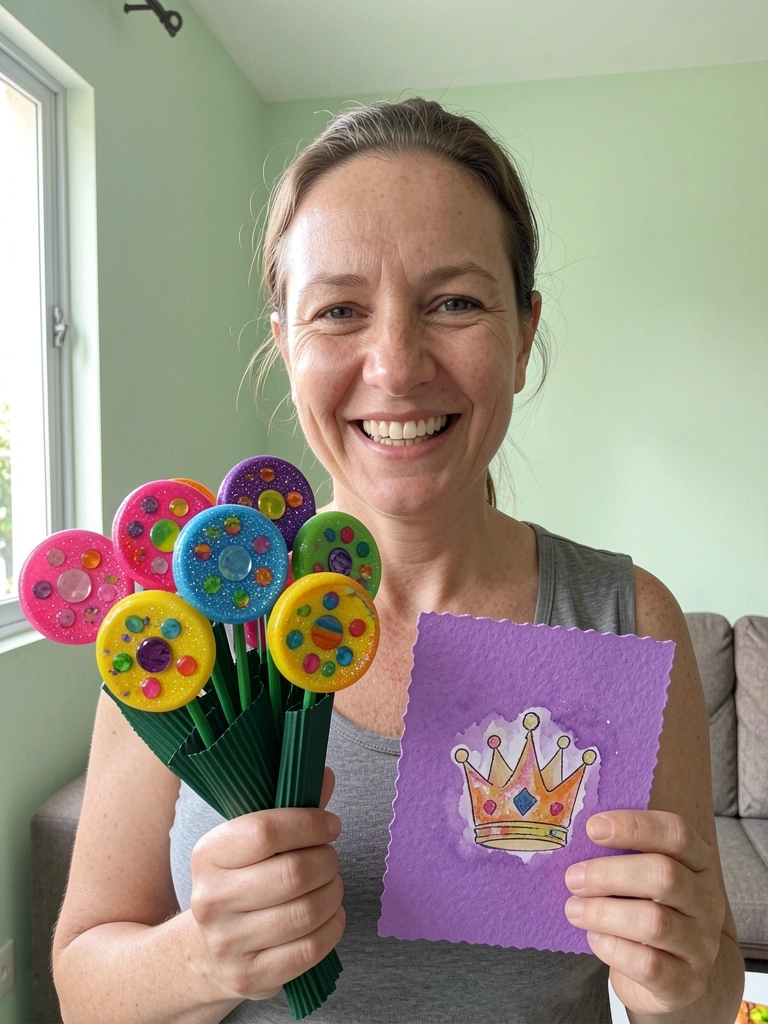 Mãe sorrindo ao segurar um presente artesanal com cartão colorido.