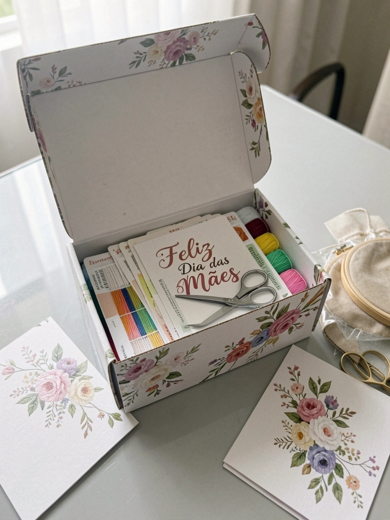 Mesa com cartões, kits e bordados DIY dispostos sobre superfície de madeira.