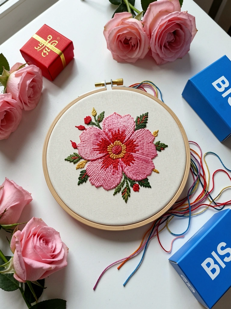 Bastidor redondo com flor bordada em ponto cruz e linha colorida pendurada na agulha.