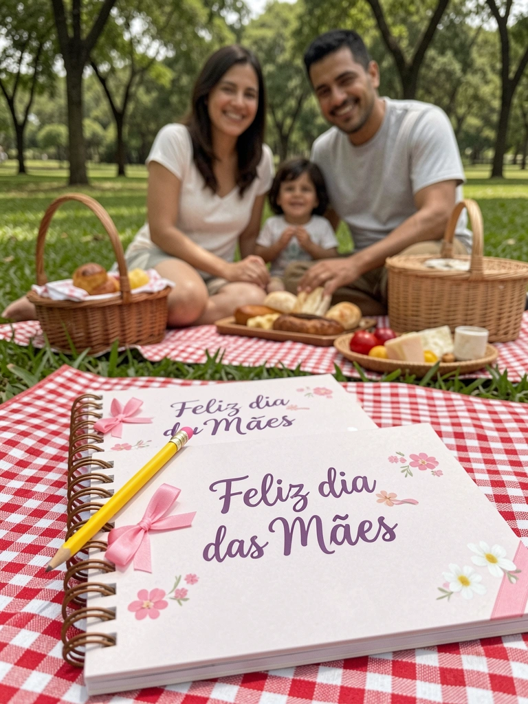 Família sentada em uma manta no parque, com cesta de piquenique e crianças sorrindo ao redor.