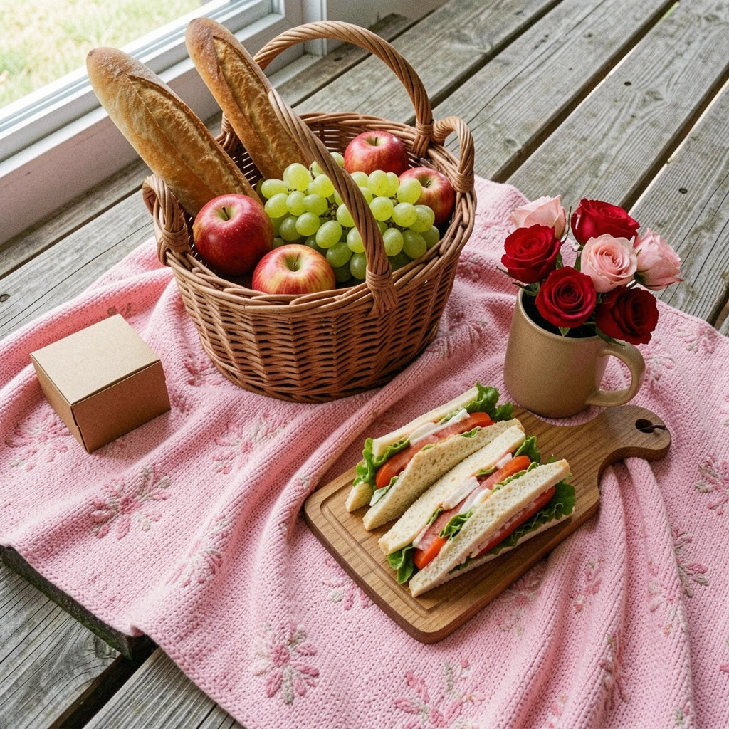 Cesta de vime com frutas, sanduíches e uma garrafa de suco sobre toalha xadrez na grama.