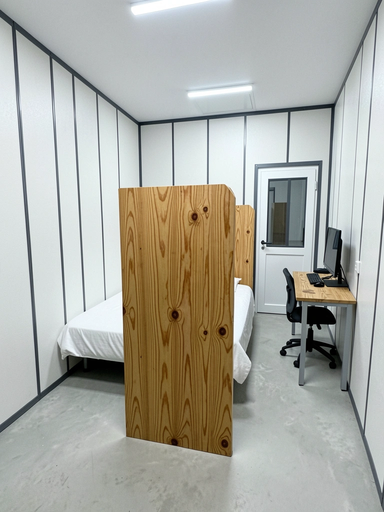 Painel de PVC texturizado imitando madeira separa cama de escritório em quarto pequeno.