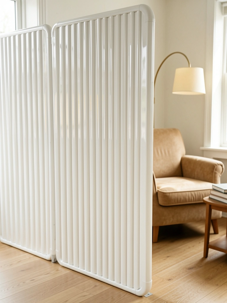 Divisória baixa de PVC separa sala de estar de área de leitura com poltrona e luminária.