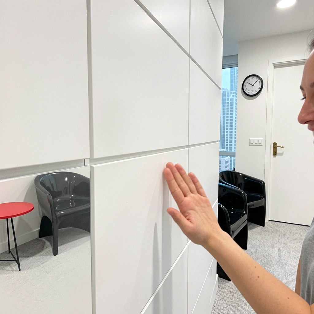 Mão batendo levemente em painel de PVC branco, demonstrando firmeza do material.