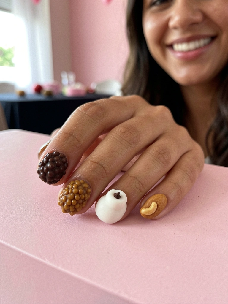 Mãos com unhas decoradas exibindo brigadeiro, beijinho e cajuzinho sobre fundo claro.