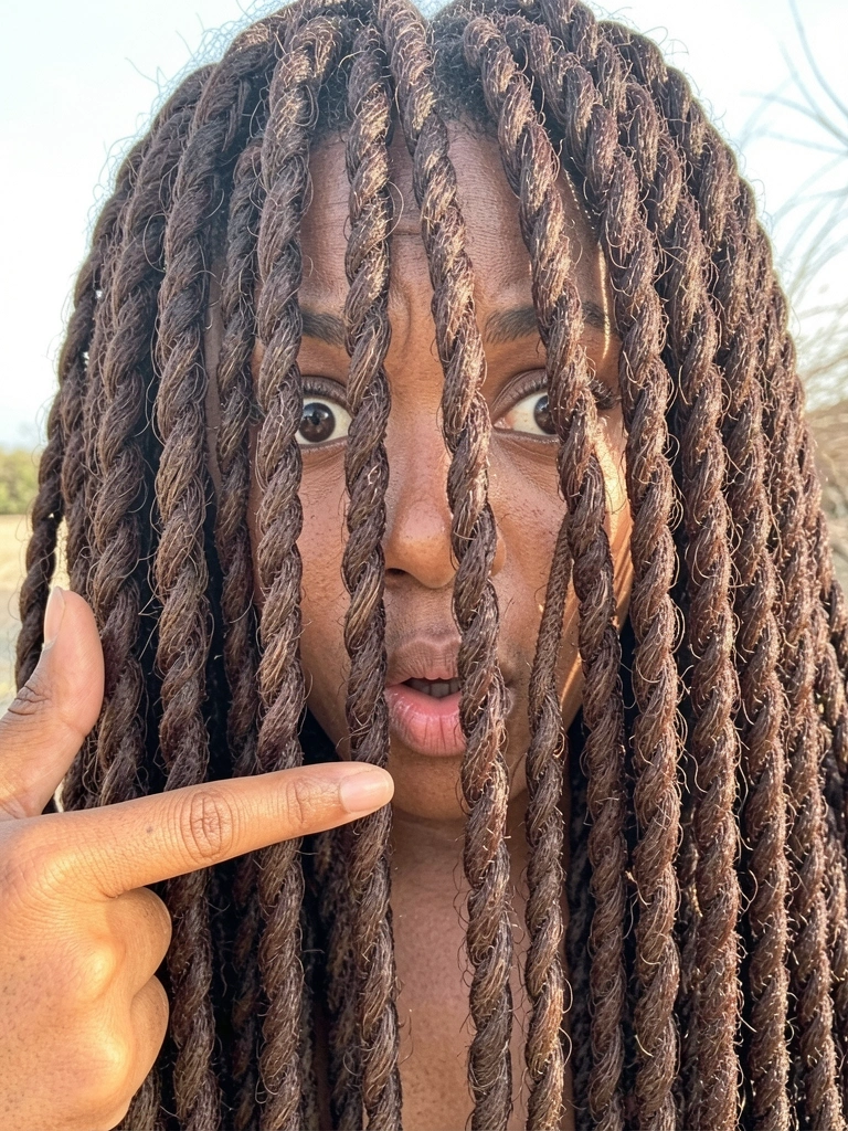 Close-up de dreadlocks crespos e longos de mulher negra, com expressão surpresa e dedo apontado para o cabelo, luz natural suave ao ar livre.
