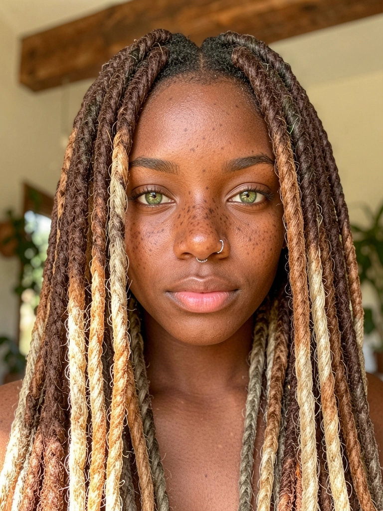 Dreadlocks castanhos com mechas loiras caem sobre os ombros de uma jovem negra de olhos verdes e piercing no nariz, luz natural difusa e viga de madeira ao fundo.