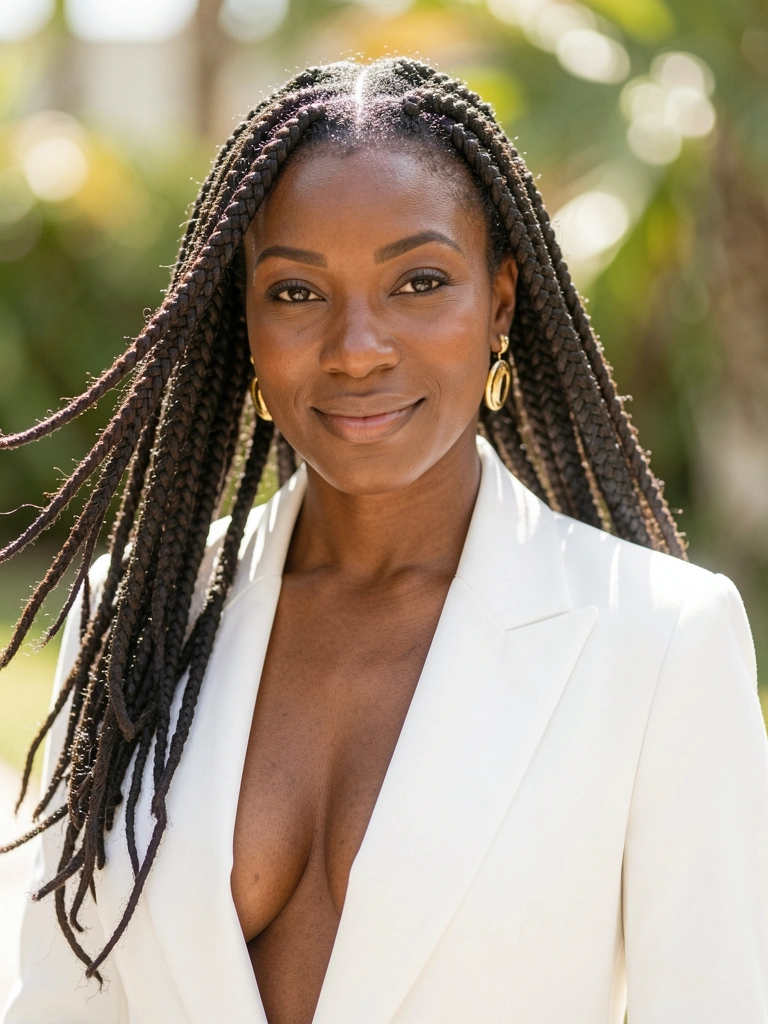 Mulher negra com dreadlocks adornados com brincos de ouro, blazer branco decotado, sorriso sutil, luz difusa destaca textura do cabelo e do tecido, fundo desfocado com verde.