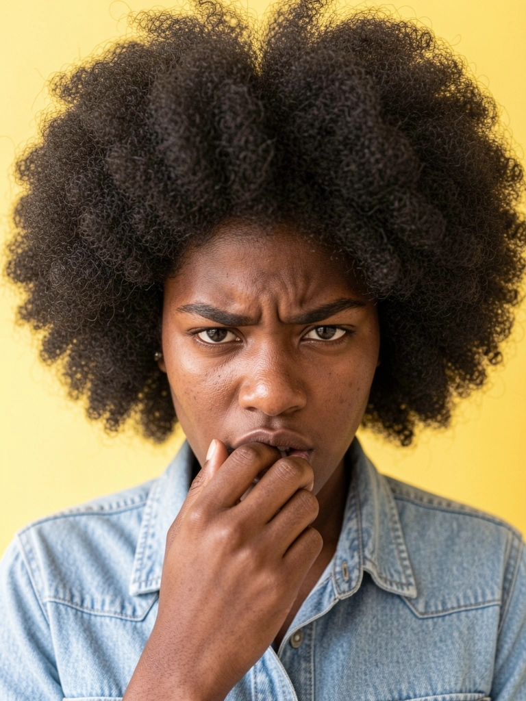 Jovem negra com afro volumoso, expressão intensa e mão no lábio, camisa jeans azul clara, fundo amarelo claro, iluminação suave.